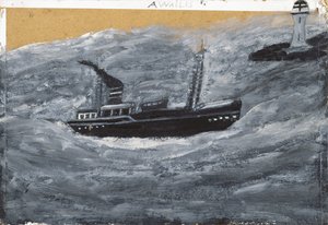 Trawler a molo (olej na kartě) od Alfred Wallis