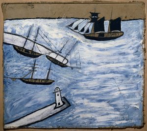 Pohled na přístav a maják v Saint Ives (Cornwall, Anglie). Olej a tužka na kartonu, autor: Alfred Wallis (1855-1942) od Alfred Wallis