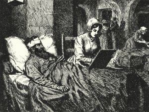 Anglická zdravotní sestra Florence Nightingaleová píše dopis pro vojáka zraněného v krymské válce v nemocnici Scutari, 1855
