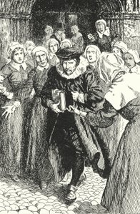 Skotský kněz William Annand odsouzený ženami z Edinburghu za kázání z nové modlitební knihy v katedrále St Giles, 1637 od Alfred Wallis Mills
