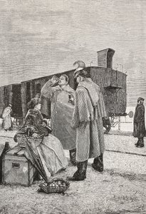 Five Minutes Stop, dva muži stojící u vlaku přestávají pít a jíst, rytina z obrazu Alfreda Luxoro (1859-1918), z L