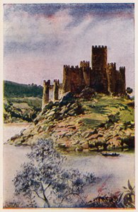 Hrad Almourol, Portugalsko (barevná litografie)