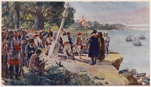 Portugalci vztyčují kamenný sloup v ústí řeky Kongo od Alfredo Roque Gameiro