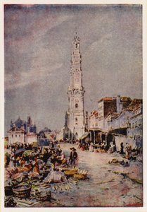 Věž Clerigos, Porto, Portugalsko (barevná litografie)