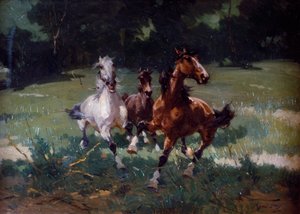 Běžící koně, malba Alfreda Tominze (1854-1936), olej na kartonu, 67x48 cm, Itálie