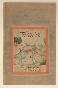 Prince Killing a Lion, Folio z Davisova alba, 17. století od Ali Reza