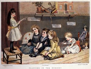 Dětské hry: “” koncert””” Malá holčička zpívá před publikem dětí a hraček. Kresba Alice Havers. 1877