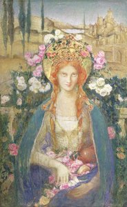 Svatá Alžběta Uherská, 1916 (tempera na papíře položená na desce s plátkovým zlatem vykládaným polodrahokamy na diadémovém reliéfu) od Alice Macallan Swan