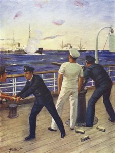 Praporčík Reginald Himbury asistuje střelcům klanu McTavish v boji s německým nájezdníkem Moewe od Allan (after) Stewart