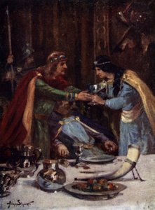Otrava krále Aethelberta II z východní Anglie Cynethryth, manželkou Offa II z Mercie, 794 (barevné lito) od Allan (after) Stewart