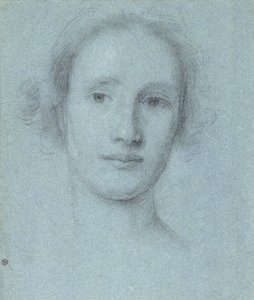 Hlava dívky (černá a bílá křída na modrém položeném papíře) od Allan Ramsay