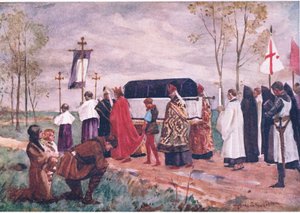 Pohřeb svatého Hugha, ilustrace z Dětských příběhů anglických ministrů, kolem roku 1920 (barevné lito) od Allan Stewart