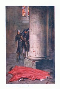 Katedrála v Canterbury: Smrt Thomase A Becketta, ilustrace z Dětských příběhů anglických ministrů, kolem roku 1920 (barevné lito) od Allan Stewart