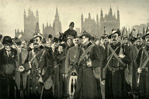 „Londýnská odpověď – dobrovolníci City Imperial Crossing Westminster Bridge“, 1900. od Allan Stewart