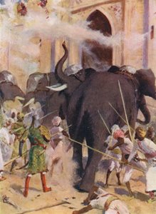 Váleční sloni útočí na bránu pevnosti v Arcotu (barevná litografie) od Allan Stewart