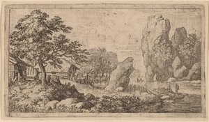 Špicatý balvan na břehu řeky, pravděpodobně kolem r. 16451656. od Allart van Everdingen