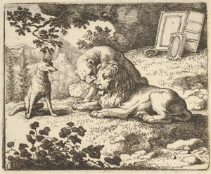 Renard lže, že dal beranovi různé vzácné předměty, které byly určeny pro lva ..., 1650-75. od Allart van Everdingen