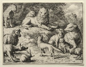 Reynard the Fox: Reynard se objeví u soudu. od Allart van Everdingen