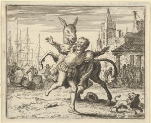 Osel, žárlivý na pozornost, kterou pes dostává od svého pána, vypadá, že je napodobuje ..., 1650-75. od Allart van Everdingen