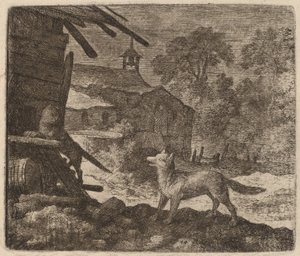 Kočka vstoupí do stodoly, jak se Reynard dívá, pravděpodobně c. 16451656. od Allart van Everdingen