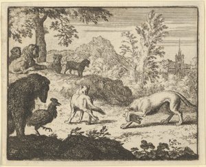 Lev umožňuje boj mezi vlkem a Renardem, 1650-75. od Allart van Everdingen
