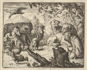 Lev oznamuje trvalý mír zvířatům, která ho obklopují, 1650-75.