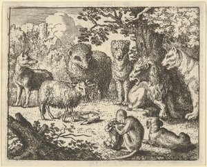 Opice otevře balíček a odstraní králičí hlavu k Velkému překvapení..., 1650-75. od Allart van Everdingen