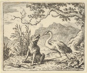 Čáp odstraňuje kost z vlčího hrdla z Renarda The F... od Hendricka van Alcmara, 1650-75.
