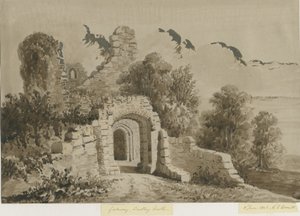 Dudley Castle - The Gateway: červená-sépiová lavírovaná kresba, 8. června 1843 od Allen Edward Everitt