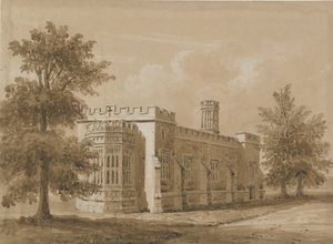 Tixall – Kaple v Tixall Hall: červená-sépiová lavírovaná kresba, nd [červenec 1842]