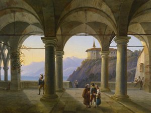 Sloupová terasa s figurálním štábem a výhledem na horské jezero od Alois Gustav Schulz
