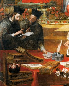 Diskuse mezi dvěma jezuity, detail od sv. Raymonda z Penafortu, poradce papeže Řehoře IX., Alonso Antonio Villamor (1661-1729). Z kláštera svatého Stevena, Salamanca, Španělsko.