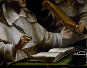 Ruce svatého Alberta při psaní, detail svatého Pavla zjevujícího se svatému Albertu Velikému a svatému Tomáši Akvinskému, obraz Alonsa Antonia Villamora (1661-1729), detail
