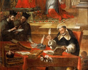Dva jezuité mluví, zatímco svatý Raymond píše koncil, detail od svatého Raymonda z Penafortu, poradce papeže Řehoře IX., od Alonsa Antonia Villamora (1661-1729). Z kláštera St Esteban, Salamanca, Španělsko.