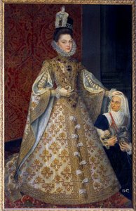 Portrét na nohou Infante of Spain Isabelle Clara Eugenie Habsburská, panovníka Nizozemska a Magdalena Ruiz Malba Alonso Sanchez Coello (1531-1588) Sun. 1,29 x 2,07 m. 1585. Madrid. Musee du Prado - celovečerní portrét dítěte od Alonso Sánchez Coello