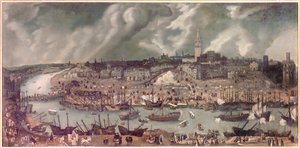Pohled na město Sevilla (Španělsko) Malba připisovaná Alonso Sanchez-Coello (Sanchez Coello) (asi 1531-1588) Konec 16. století