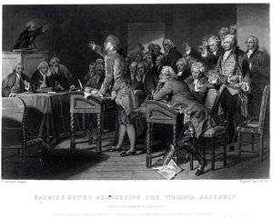Patrick Henry promlouvá k shromáždění ve Virginii, březen 1775, vyrytý Henry Bryan Hall (1808-84), 1856 od Alonzo Chappel