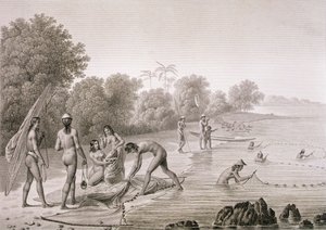 Tradiční metody rybolovu používané domorodci z ostrovů Mariannas, z „Voyage Autour du Monde (1817-20)“, Louis Claude Desaulses de Freycinet (1779-1842), vyryto Bovinetem, vydáno 1822-24 (litho) od Alphonse (after) Pellion