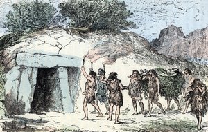 Pravěk, neolit; ceremonie funebre (pravěk, neolit: pohřební obřad) Rytina z „”Příroda a člověk”” od Renegade 1881 Soukromá sbírka