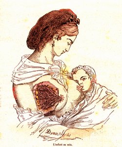 Lapsi rinnassa (J. Rengaden normaali elämä ja terveys) - Imetys. Piirustus A. Demarle 1881 od Alphonse Demarle