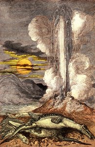 Jedovaté erupce termálních vod v období triasu. Stvoření a živé bytosti (Jules Renegade). Kresba A. Demarle. 1885 od Alphonse Demarle