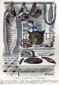 Näkymä leikkeleistä A puolikas sianliha (kinkku b aloyau c sivut ja rinta) B tuore kinkku C savustettu kinkku D makkarat ja cerevelat F hure G mortadelle de bologna H kinkku I sianjuusto K sian jalat L täytetty kieli M andouillette N boudin (herkku, perint od Alphonse Demarle