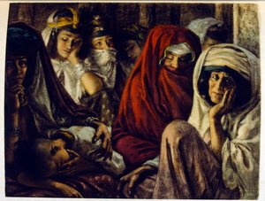 Dinetova ilustrace z knihy "Mirages" Scény z arabského života. 1906. Knihu Mirages, Scenes De La Vie Arab ilustroval Etienne Dinet s komentářem Silmana Ben Ibrahima Bamera. Nasreddine Dinet se narodil jako Alphonse-Etienne Dinet; (1861-1929) byl fren od Alphonse Etienne Dinet