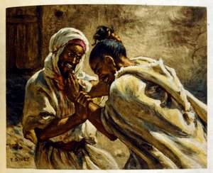 Dinetova ilustrace z knihy "Mirages" Scény z arabského života. 1906. Knihu Mirages, Scenes De La Vie Arab ilustroval Etienne Dinet s komentářem Silmana Ben Ibrahima Bamera. Nasreddine Dinet se narodil jako Alphonse-Etienne Dinet; (1861-1929) byl fren od Alphonse Etienne Dinet