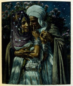 Dinetova ilustrace z knihy "Mirages" Scény z arabského života. 1906. Knihu Mirages, Scenes De La Vie Arab ilustroval Etienne Dinet s komentářem Silmana Ben Ibrahima Bamera. Nasreddine Dinet se narodil jako Alphonse-Etienne Dinet; (1861-1929) byl fren