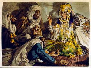 Dinetova ilustrace z knihy "Mirages" Scény z arabského života. 1906. Knihu Mirages, Scenes De La Vie Arab ilustroval Etienne Dinet s komentářem Silmana Ben Ibrahima Bamera. Nasreddine Dinet se narodil jako Alphonse-Etienne Dinet; (1861-1929) byl fren od Alphonse Etienne Dinet