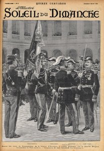 Předání komandérských křížů Čestné legie čtyřem generálům (Gosse Dubois, generál Colonna, generál Toulza, generál Dalstein) generálem Brugerem. Rytina od Lalauze pro jednu z „Le Soleil-du-Dimanche“ v únoru 1900.