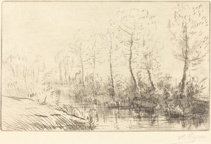 Břízy: Vodní hrana viděná v ranním světle Břízy: Vodní hrana, ranní efekt. od Alphonse Legros