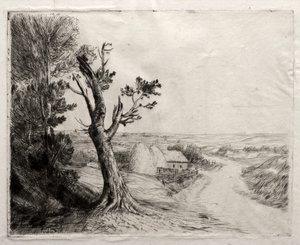 Krajina s stohy slámy od Alphonse Legros