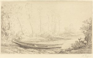 Muž s pramicí, postava napravo Pecheurs des truites. od Alphonse Legros